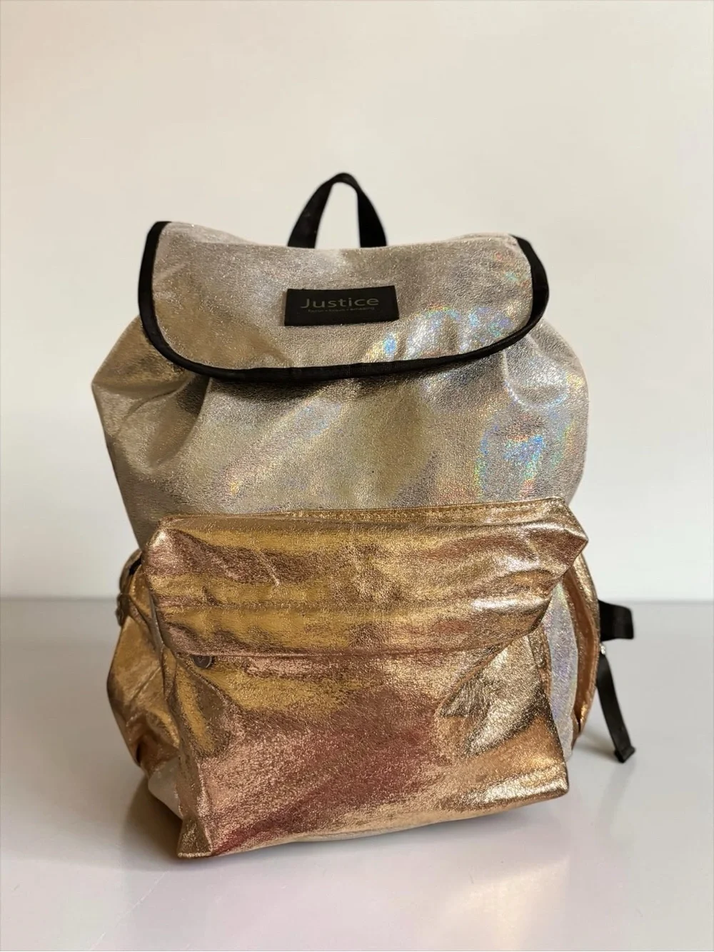 Justice Girls Metallic Gold Silver Shimmer Backpack Drawstring School Bag